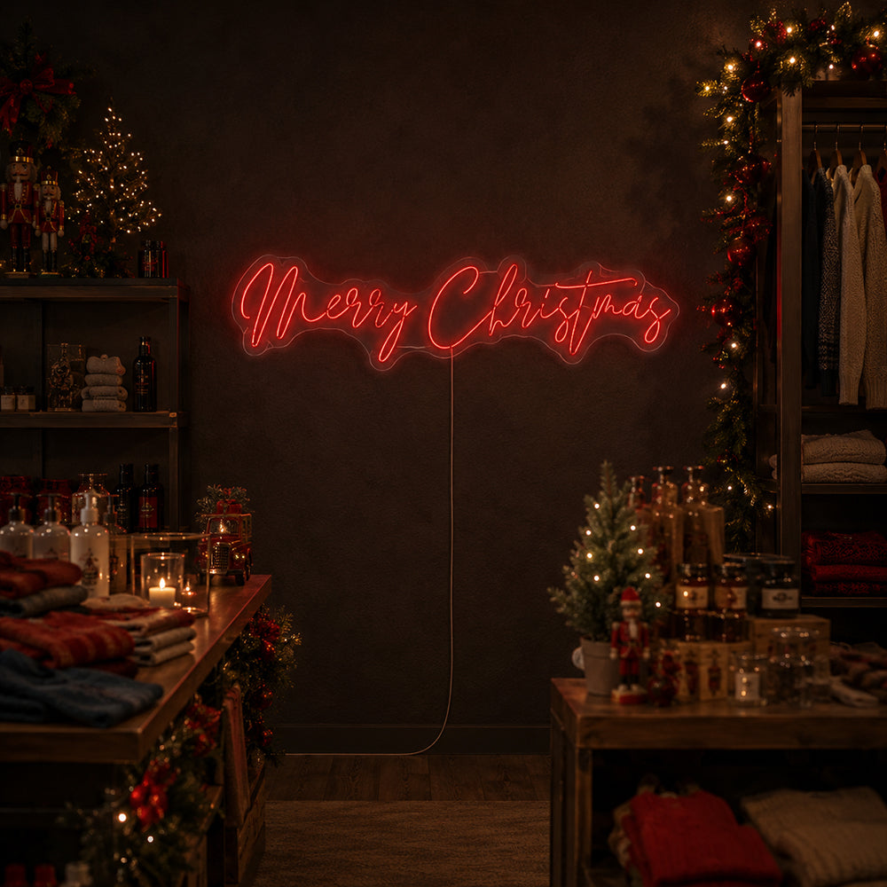 LED-Leuchtreklame „Merry Christmas“ – Hergestellt in London. Weihnachts-Leuchtreklamen