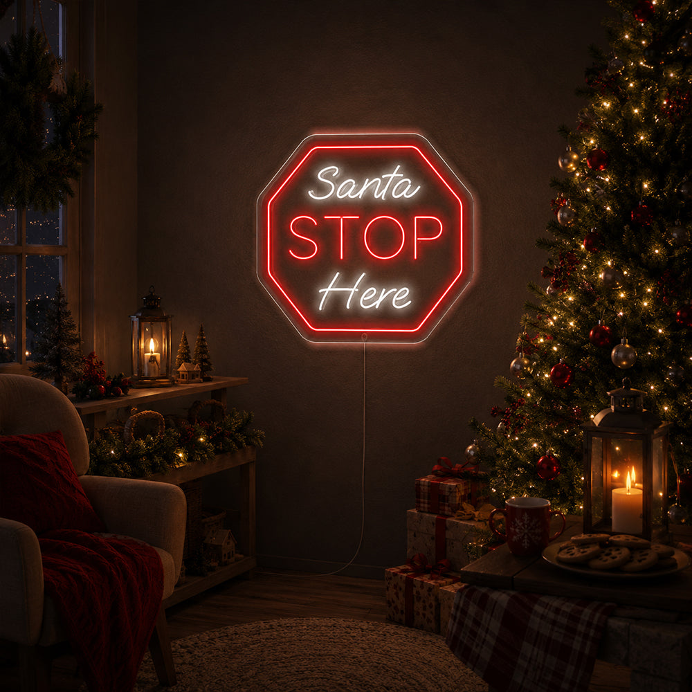 LED-Leuchtreklame „Santa Stop Here“ – Hergestellt in London. Weihnachts-Leuchtreklamen