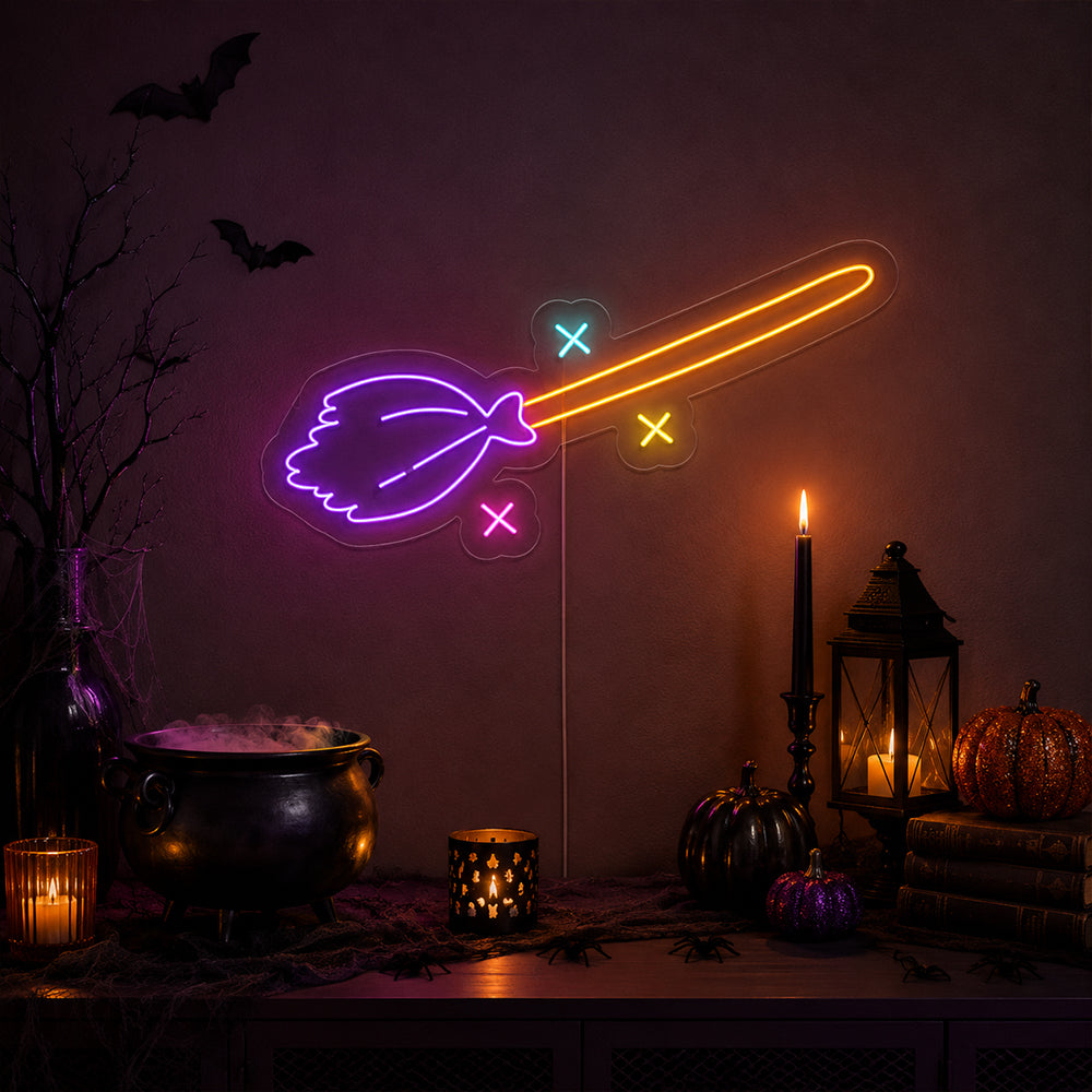 Escoba de bruja - Letrero de neón LED de Halloween hecho en Londres