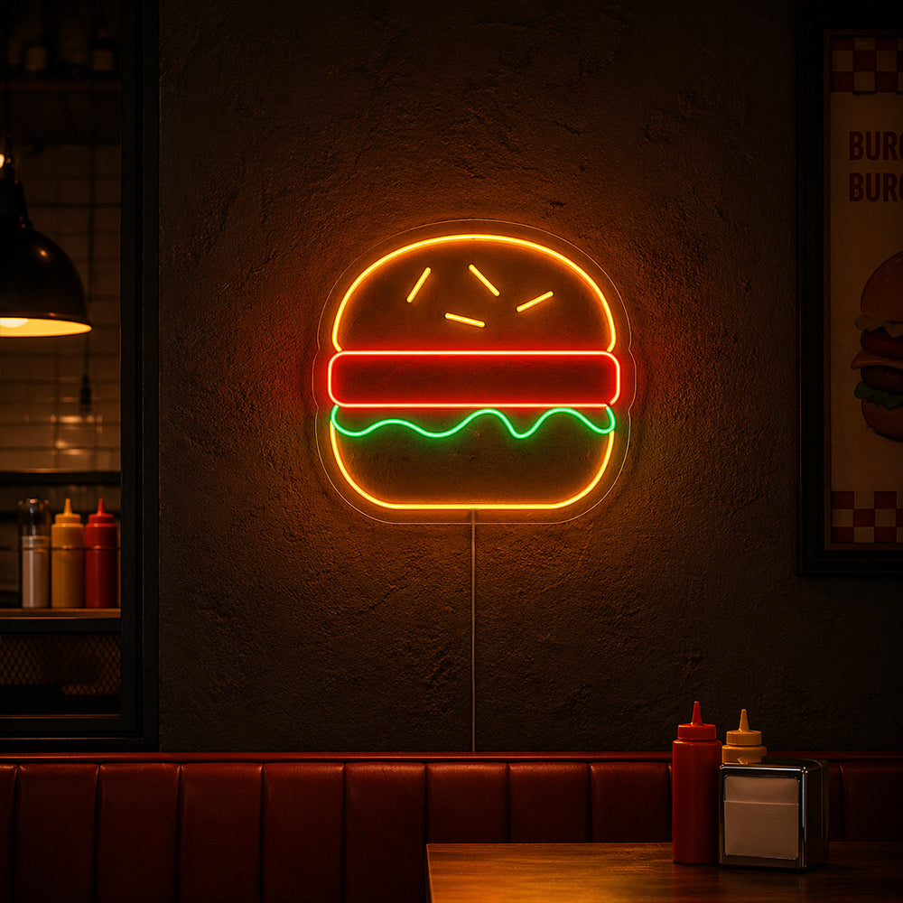 Signo de neon liderado pelo hambúrguer - Feito em Sinais de Neon emoji de Londres