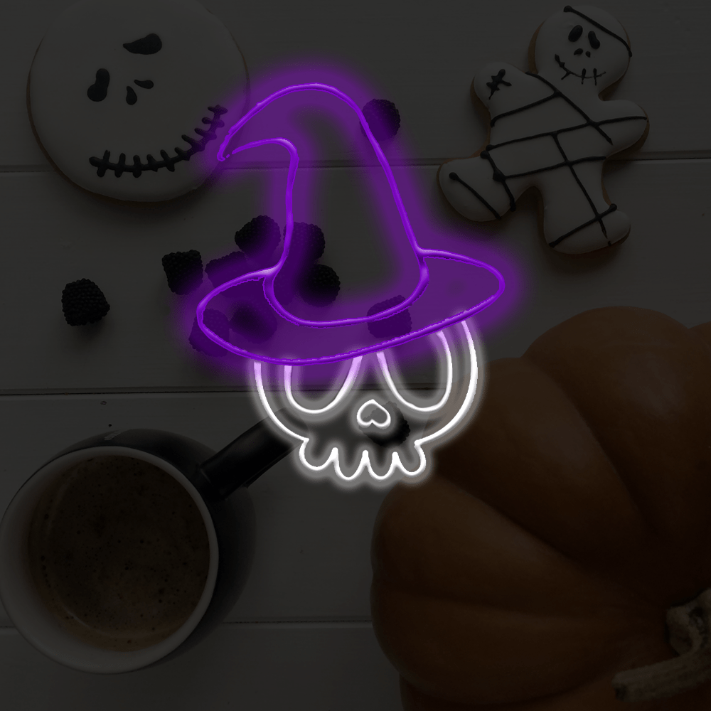 Caveira fofa - letreiro de néon LED com decoração de Halloween feito em Londres - Planet Neon