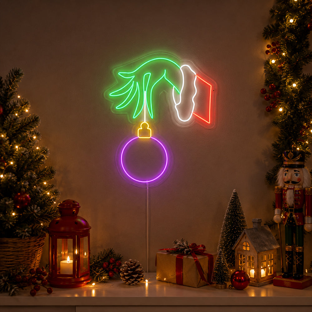 Letrero de neón LED de la mano del Grinch - Letreros de neón navideños hechos en Londres