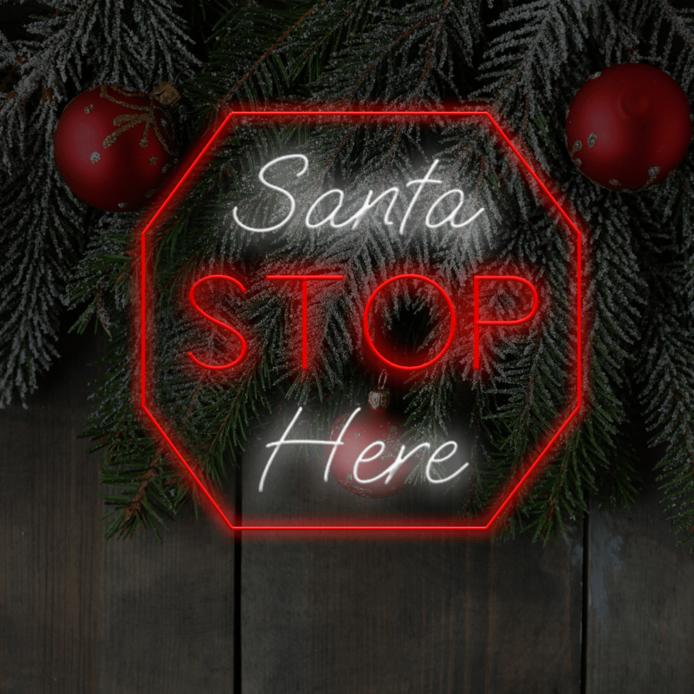 Placa de néon LED Santa Stop Here - Fabricada em Londres Placas de néon de Natal - Planet Neon